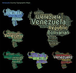 Poster - Venezuela. Set of typography style country illustrations. Venezuela map shape built of horizontal and vertical country names. Vector illustration.