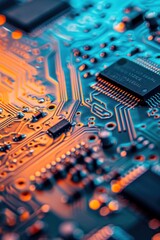 Poster - A close-up of a computer circuit board with intricate pathways and components, ideal for use in technology education, electronic engineering materials, or high-tech background imagery.