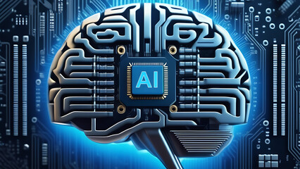 Poster - Chip, AI microchip implanted into human brain. Cyborg mind, artificial intelligence concept