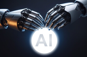 Poster - AI robots hands touching. Artificial intelligence deal, cooperation, love, business concept