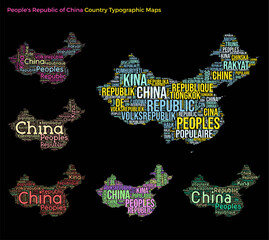 Poster - China. Set of typography style country illustrations. China map shape built of horizontal and vertical country names. Vector illustration.