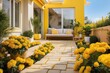 © Reha - yellow house, home, garden, yellow flowers, pathway, photography backdrop
