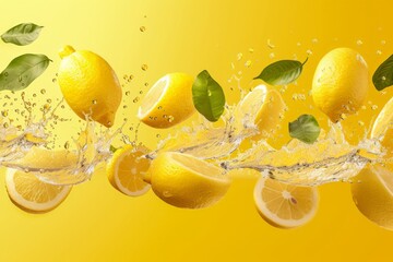 Wall Mural - Lemon, dynamic composition of flying Lemon segments with water splash