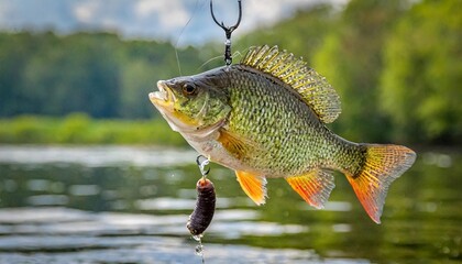 a beautiful crappie on a line and a hook with worms