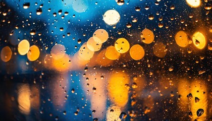 Poster - raindrops on a window with a blurred background of lights in various colors predominantly blue and orange creating a dark moody tone