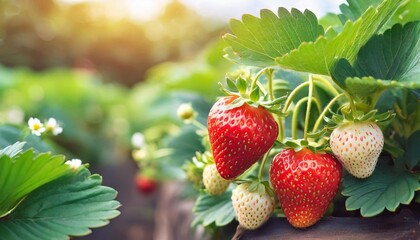 Wall Mural - strawberry bush close up garden background with copy space