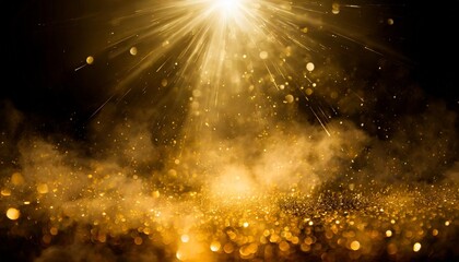 Sticker - dark gold sparkle rays lights bokeh elegant abstract background dust sparks in explosion with smoke on black background