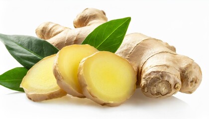 Wall Mural - fresh sliced ginger with leaves isolated on white background