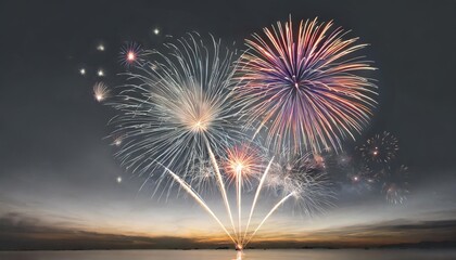 Wall Mural - firework show on grey night sky background new year concept congratulations or invitation card backg