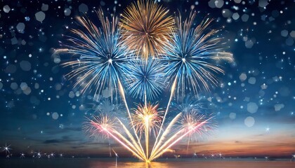 Wall Mural - firework show on blue night sky background with glow and sparkles new year concept invitation card p