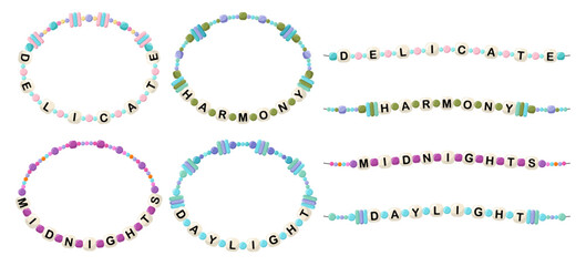 Collection of vector jewelry, children's ornaments. Bracelet of handmade plastic beads. Set of bright colorful braided bracelets with letters from words delicate, harmony, midnight, daylight.