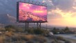 A digital billboard in the middle of a desert displaying a beautiful sunset