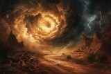 Fototapeta  - Fantasy landscape painting of a lone wolf walking through a barren post apocalyptic wasteland with a large tornado in the background
