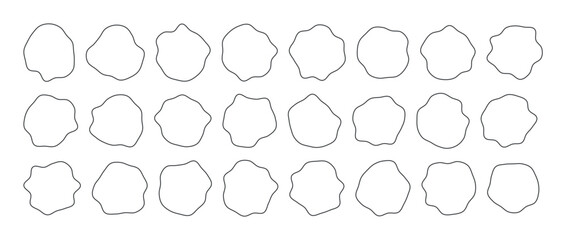 Poster - Collection of outline paint liquid black speech blotch spot irregular vector form isolated on transparent background, random cube drops simple elements, organic amoeba blob shape in modern style fluid