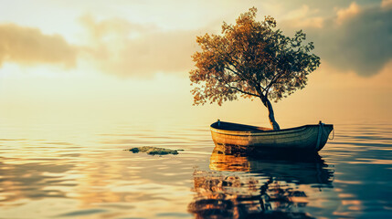 Wall Mural - Lonely tree in a boat on the water.