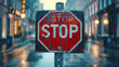 © AI Visual Vault - Rain-Soaked Stop Sign on Urban Road.Weathered stop sign on a rainy city street backdrop.