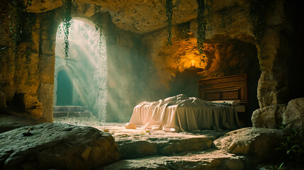 Resurrection of Jesus Christ - tomb empty with shroud.