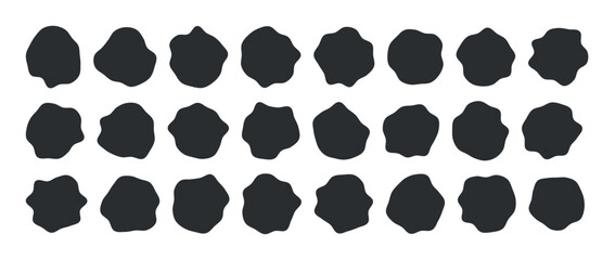 Poster - Collection of paint liquid black speech blotch spot irregular vector form isolated on transparent background, random cube drops simple elements, organic amoeba blob shape in modern style fluid dynamic