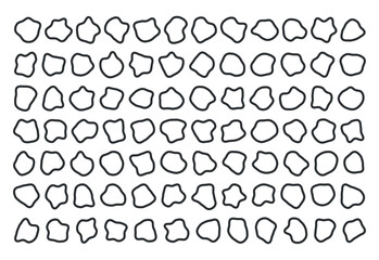 Poster - Collection of outline paint liquid black speech blotch spot irregular vector form isolated on transparent background, random cube drops simple elements, organic amoeba blob shape in modern style fluid