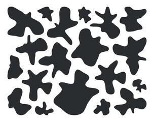 Poster - Random ink spread liquid black speech blotch paint spot irregular vector form isolated on transparent background, khaki print cube drops simple elements, fluid organic amoeba blob shape in modern 