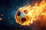 Fototapeta Fototapety sport - Powerful kick of a soccer ball with flame of fire. Generative AI