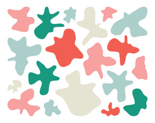 Poster - Random ink spread liquid colorful speech blotch paint spot irregular vector form isolated on transparent background, khaki print cube drops simple elements, fluid organic amoeba blob shape in modern 