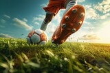Fototapeta Do akwarium - Soccer player ready to kick the soccerball in a field during a match. Generative AI