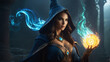  woman in a blue cloak holding a glowing ball, wizard hat cinematic lighting,