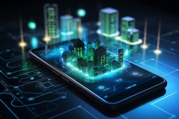 Smart city with buildings on the screen of smartphone. Ai generated.