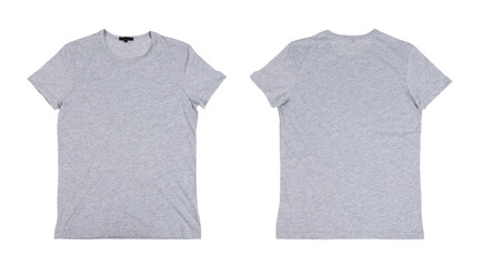 Plain grey tshirt mockup, front and back view, isolated on white. Apparel design concept