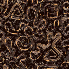 Wall Mural - Seamless brown camouflage pattern with abstract wavy shapes, swirls, twirls, paint brush strokes, blots, spattered paint. Dense random composition. Grunge texture