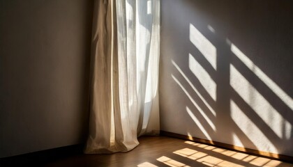 Wall Mural - the light from the window shines on the wall the shadow lines from the curtain blurry shadows and silates on the wall