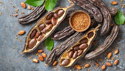 Wall Mural - isolated open carob pods with grains top view