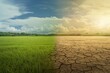 Field from green grass to thirsty. problem of global warming. Generative AI
