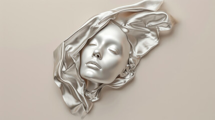 Wall Mural - Fashionable aesthetic woman face made of silver metal texture, silky cloth in motion, on beige background with free place for text. Banner for beauty, fashion, makeup or cosmetics product.