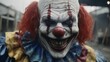Menacing clown with a red nose and sinister smile in a frightening atmosphere. Ai generated