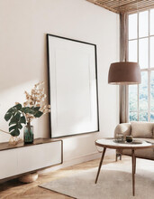 Mockup Frame In Living Room Interior, 3d Render, Reflective Glass, Glosy Frame