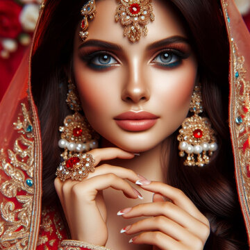 Exquisite Indian Bride Adorned in Traditional Attire and Glittering Jewelry