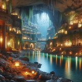 Fototapeta  - Underground city with river and rooms, fantasy of lost cave town, Surreal mystical fantasy artwork