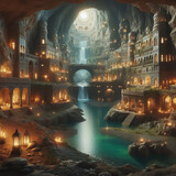 Fototapeta  - Underground city with river and rooms, fantasy of lost cave town, Surreal mystical fantasy artwork