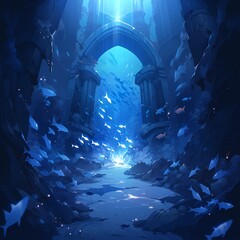 Wall Mural - Enchanted Underwater Ruins with Swarming Fish and Mystical Lighting