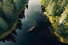 AI Generated Illustration Of A Sailboat Floating Down A Picturesque River, Surrounded By Vegetation