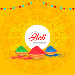 Wall Mural - Yellow Bliss  Embrace Holi's Liveliness with This Card, Three Colorful Bowls, and the Uplifting Wish Happy Holi.in This Card, Vibrant Bowls on a Yellow Canvas, Echoing Happy Holi in Radiant Cheer