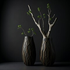 Two ornamental vases featuring decorative tree branches. AI-generated.