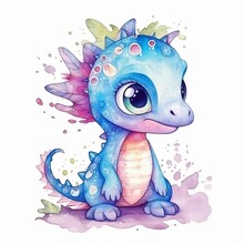 AI Generated Illustration Of A Cheerful Watercolor Cartoon Green Dinosaur With Big Eyes