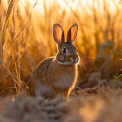 AI generated illustration of an adorable brown rabbit on a sunny field