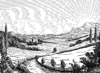 Landscape Rolling Hills Sky Vintage Rural Farm