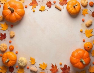 Aufkleber - a frame of pastel autumn tones with free space for text, made of a variety of small orange pumpkins, maple leaves, acorns, gift boxes with large bows