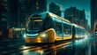 AI generated illuminated yellow tram passing a large building and the illuminated street at night