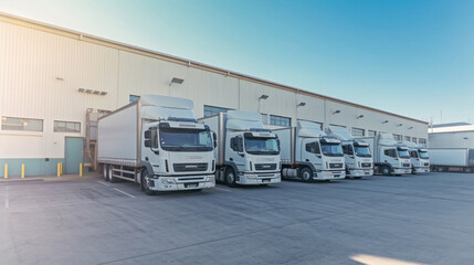 Wall Mural - A white freight trucks park front the warehouse. industrial of logistics and goods storage concept.